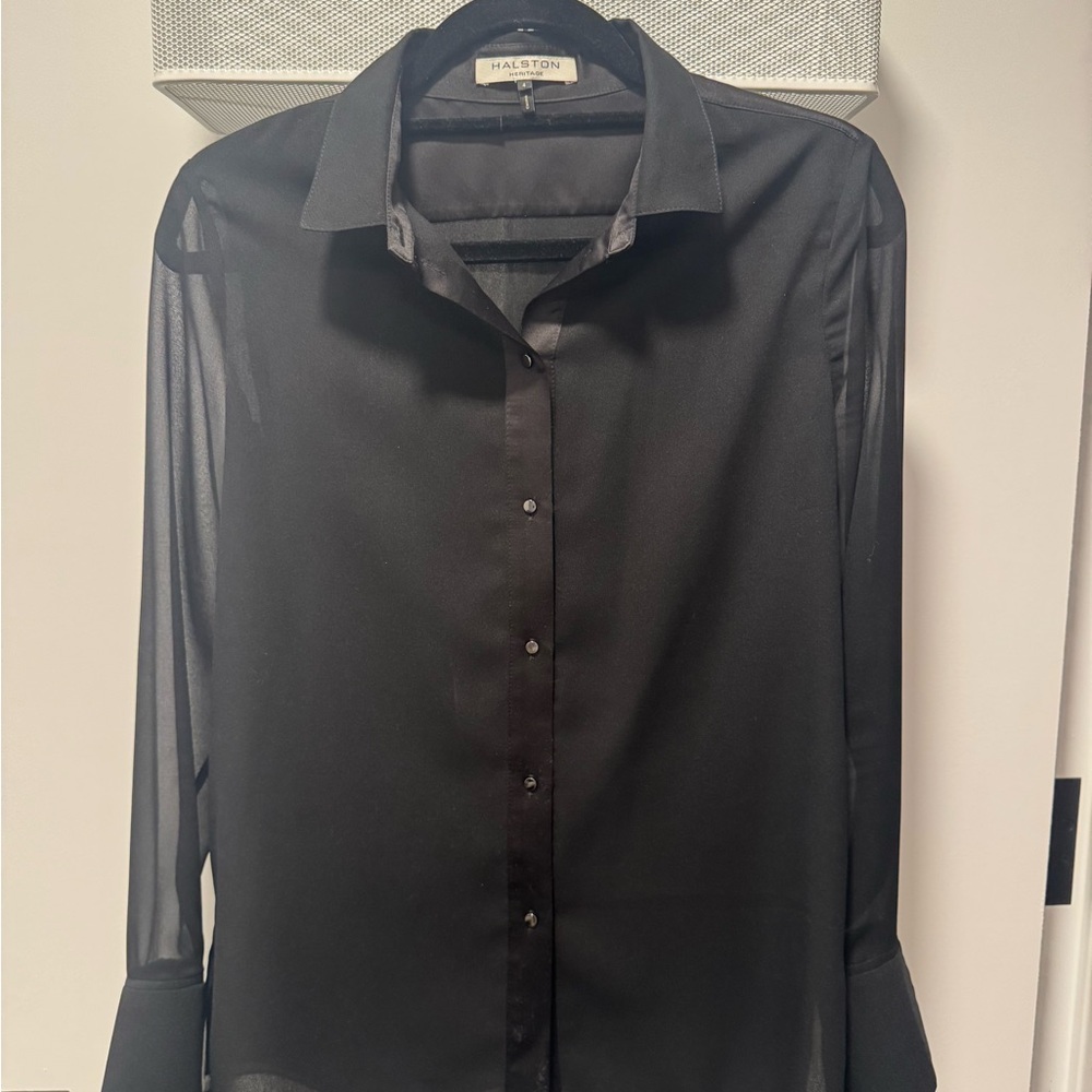 Halston Heritage Black Satin Button Down Blouse